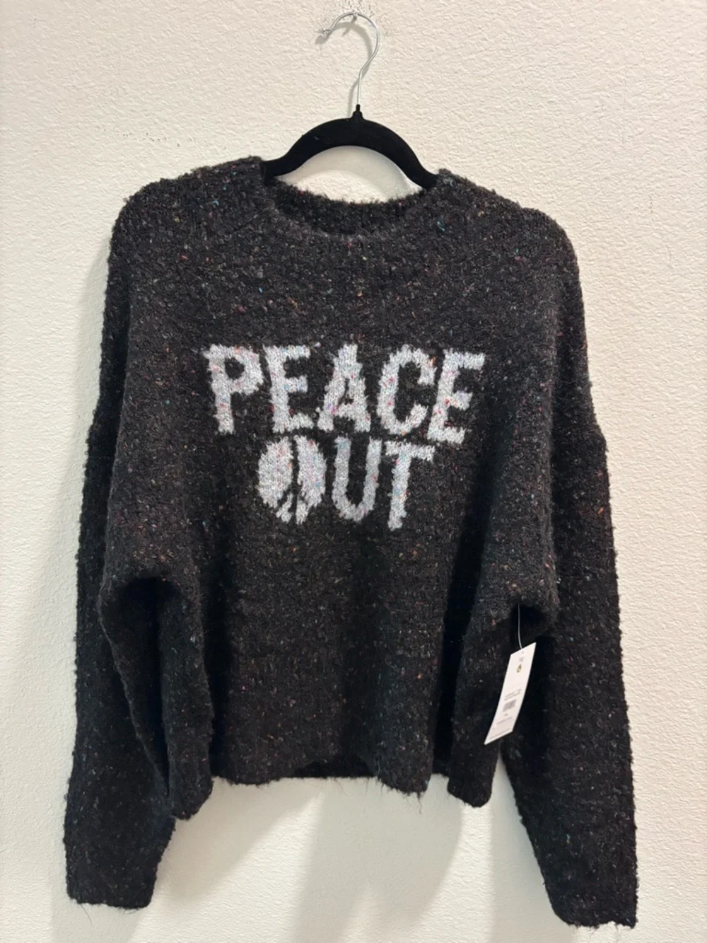 NWT Spiritual Gangster Peace Out Black Speckled Crewneck Sweater, size M - Picture 1 of 7
